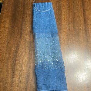 Beautiful light blue scarf on holder w/sheer center and silver beading– like new